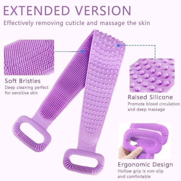 Silicone Back Scrubber For Shower Double Sided Bath Body 30" Purple - Picture 6 of 6